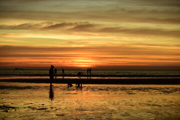 Fototapeta premium Beautiful golden yellow sky and sun The view of the beach, the beach and the sun loungers are rising. Beautiful golden yellow sky and sun 