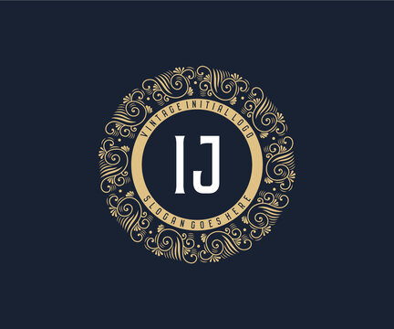 Initial IJ Antique retro luxury victorian calligraphic emblem logo with ornamental frame.