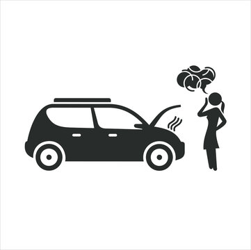 illustration of girl and car broke down, vector art.