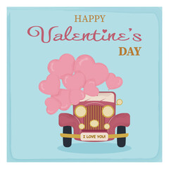 Retro car of pink color with balloons in the form of a heart, on a blue background. Valentines day card, watercolor. Vector graphics. EPS10.