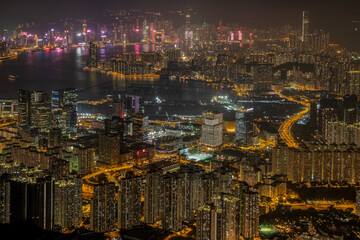 Victoria Harbour with Hong Kong Island skyline visible in the distance from the top of Kowloon peak 