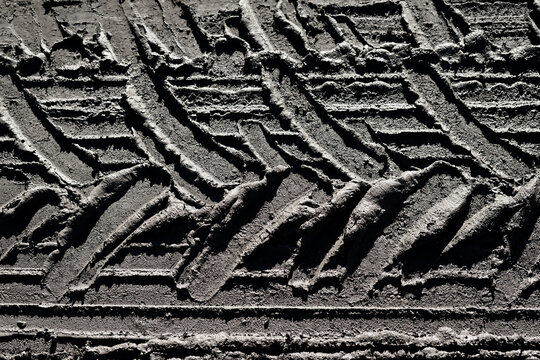 Tractor Tire Marks On Wet Ground, Autumn, Mud, Harvesting, Top View,  Quebec, Canada.