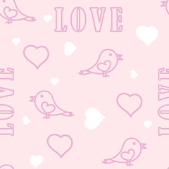 Seamless pattern Hearts, birds word Love. Romantic background for fabric, wrapping paper. Vector background, concept of feeling