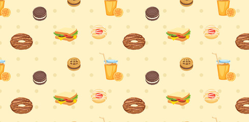 Yellow pastel sandwiches, Juice, cookies background. Seamless pattern.