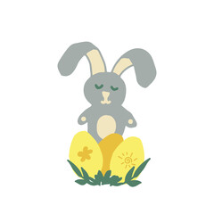 cute bunny and easter eggs in trending color 2021. vector hand drawn doodle. template card, poster, sticker. gold, yellow, green, gray. child.