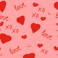 hearts, lips, love lettering and kisses seamless pattern. vector hand drawn doodle. wallpaper, textiles, wrapping paper. red, valentines day, wedding.