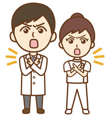 禁止のジェスチャーをする医者の男性と看護師の女性の正面向き全身イラスト