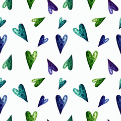Seamless watercolor pattern for Valentine's Day. Hand-drawn different hearts in shades of green and blue. February 14, holidays. Design for wrapping paper, backgrounds and more