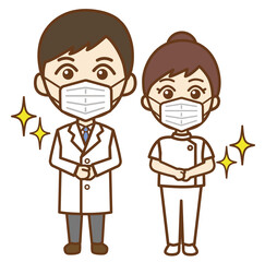 Fototapeta premium 正面向きに立っている医者の男性と看護師の女性の全身イラスト マスクあり
