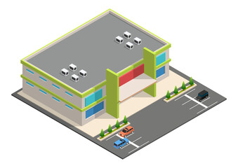 Isometric Supermarket Building with Car Parking.