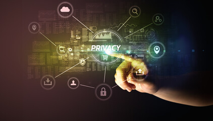 Hand touching PRIVACY inscription, Cybersecurity concept