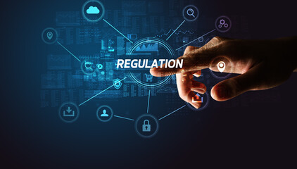Fototapeta premium Hand touching REGULATION inscription, Cybersecurity concept