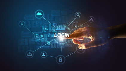 Hand touching LOGIN inscription, Cybersecurity concept