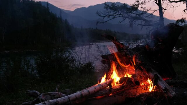 Night video of bonfire in a tourist camp on the bank of Altai river Katun.