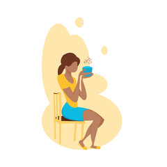 Cartoon of young girl sitting on chair and drinking a cup of coffee.One lady in relaxing time with hot tea. Faceless woman character in happiness on yellow background.Vector illustration flat design.
