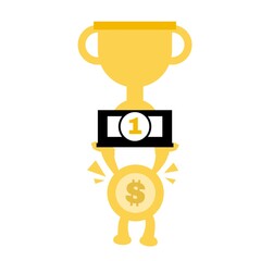 cartoon money gold coin dollar economy pick trophy winner champion doodle vector illustration flat design style