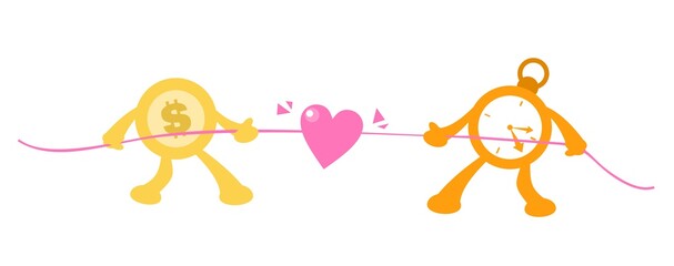 cartoon coin dollar money competition with clock time for heart love doodle vector illustration flat design style