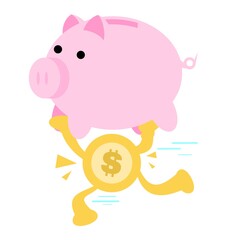 cartoon gold coin and pig bank economy management doodle vector illustration flat design style