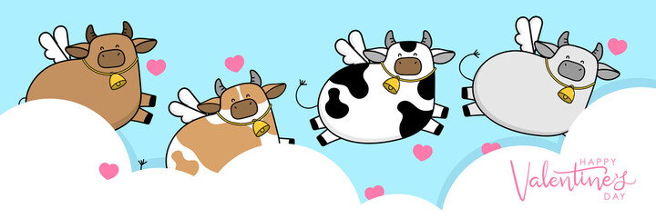 Happy Valentine's Day with cute cow have cupid wings. 2021 The year of the ox. Love holidays cartoon character. -Vector