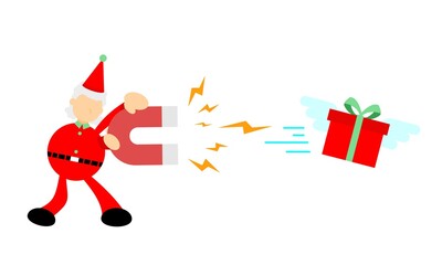 Fototapeta premium christmas red santa attract gift box using magnet cartoon doodle flat design style vector illustration