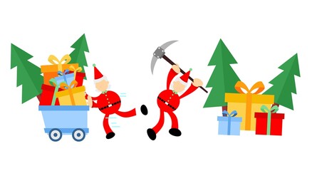christmas red santa mining gift box and pine tree cartoon doodle flat design style vector illustration