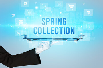 Waiter serving SPRING COLLECTION inscription, online shopping concept