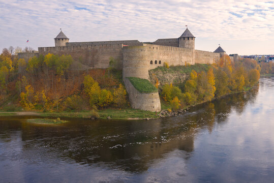 Ivangorod fortress on cloudy October morning. Russia