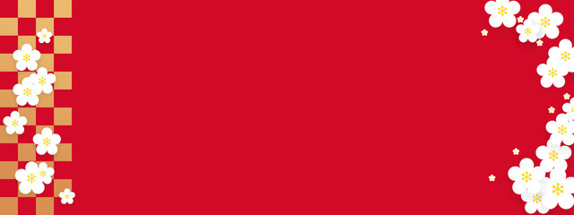 春のイメージ、白い梅の花が咲く格子柄の背景