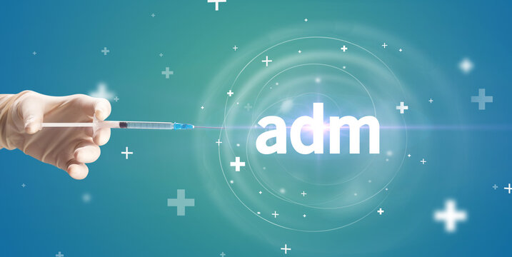 Syringe needle with virus vaccine and adm abbreviation, antidote concept