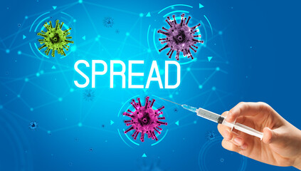 Syringe, medical injection in hand with SPREAD inscription, coronavirus vaccine concept