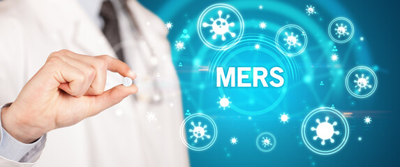 Doctor giving pill with MERS inscription, coronavirus concept