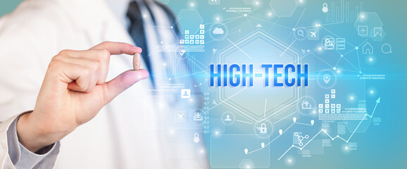 Doctor giving a pill with HIGH-TECH inscription, new technology solution concept