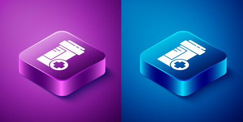 Isometric Medicine bottle icon isolated on blue and purple background. Bottle pill sign. Pharmacy design. Square button. Vector Illustration.