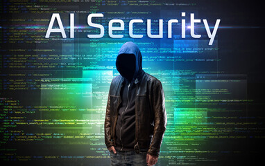 Faceless hacker with AI Security inscription on a binary code background