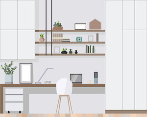 Workplace room, modern Interior, cabinet. Office with labtop. Colorful vector illustration in flat style.