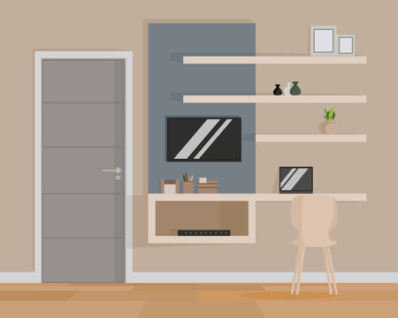 Workplace room, modern Interior, cabinet. Office with labtop. Colorful vector illustration in flat style.