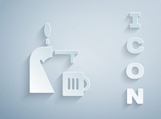 Paper cut Beer tap with glass icon isolated on grey background. Paper art style. Vector Illustration.