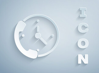 Paper cut Telephone 24 hours support icon isolated on grey background. All-day customer support call-center. Full time call services. Paper art style. Vector Illustration.
