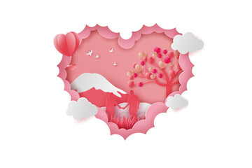 happy valentine's day banners illustration couple love with mountains, balloon and field grass, paper cut style. Premium Vector