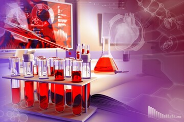 Medical 3D illustration, test tubes vials in university clinic - blood test for aspartate aminotransferase or sodium with creative gradient overlay