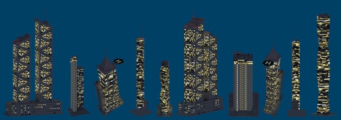 3d illustration of skyscrapers - various fictional towers at dark time with lights on - isolated on dark blue, top view