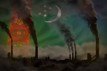 Fototapeta premium dense smoke of plant chimneys on Turkmenistan flag - global warming concept, background with place for your text - industrial 3D illustration