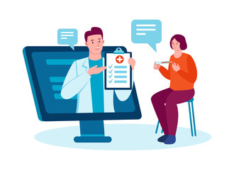 The doctor consults the patient online. Telemedicine. Medicine and health concept. Vector illustration in flat cartoon style. Isolated on a white background.
