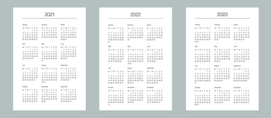 A5 format. Organizer and bullet journal printable pages. Perfect minimalist calendar. 2021, 2022, 2023. Week starts at Monday. European English Gregorian calendar. Planner sticker. Stationery. Vector.