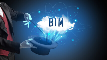 Magician is showing magic trick with BIM abbreviation, modern tech concept