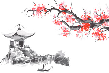 Obraz premium Japan traditional sumi-e painting. Fuji mountain, sakura, sunset. Japan sun. Indian ink vector illustration. Japanese picture.