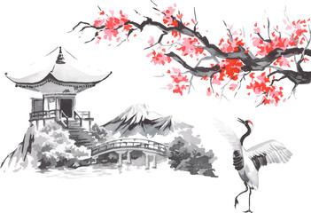Japan traditional sumi-e painting. Fuji mountain, sakura, sunset. Japan sun. Indian ink vector illustration. Japanese picture.