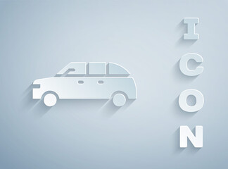 Paper cut Hatchback car icon isolated on grey background. Paper art style. Vector.