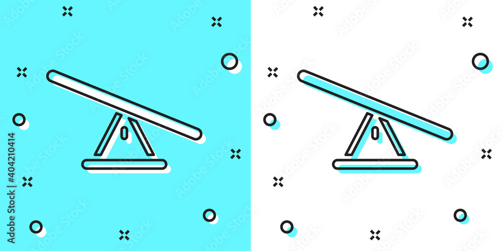 Poster black line seesaw icon isolated on green and white background. teeter equal board. playground symbol