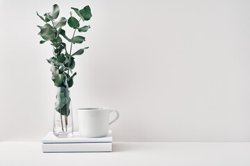 A mug on a stack of books and a transparent vase with eucalyptus branches. Eco-friendly materials in interior decor, minimalism. Copy space, mock up